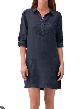 100 % Linen Michael Stars Casual Navy Button-Front Tunic Dress Elenor Utility S